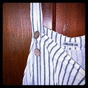 Blue and White Stripe Linen Overalls